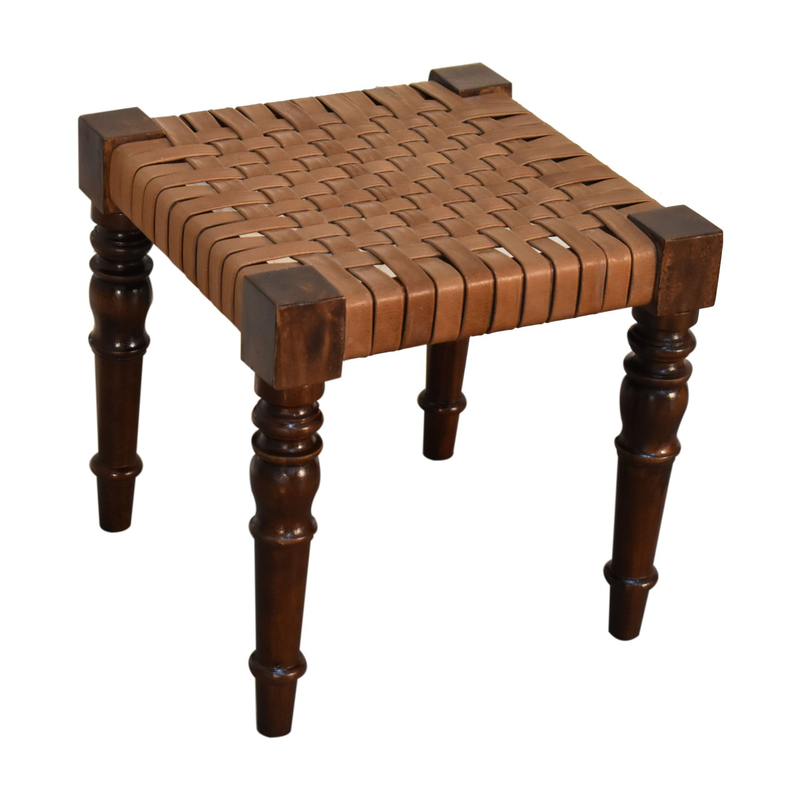 Artisan Furniture Solid Wood Woven Leather Footstool, Brown