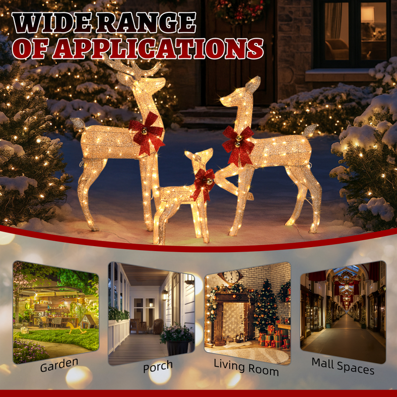 3-Piece Lighted Christmas Reindeer Family Set Outdoor Decorations, Weather Proof Sparkling Deer Family Set of 3 Christmas Ornament Home Decor Pre-lit 210 LED Warm White Lights, 4FT, Golden