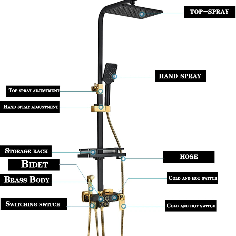4-Function Button Digital Display Shower Faucet Set Chrome Rain Shower Column Constant Temperature Shower Wall Mounted