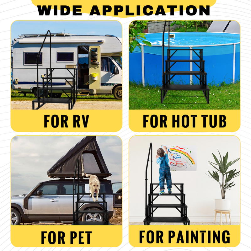 RV Step Stool, 4 Step Ladder, Hot Tub Steps with Handrail, Portable Pool Ladder, 660Lbs Heavy Duty Ladder Shelf Outdoor Mobile Home Stairs for Camper/Porch/SPA Pool/Pet Stairs