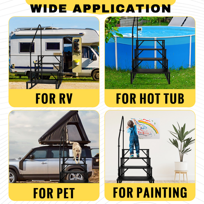 RV Step Stool, 4 Step Ladder, Hot Tub Steps with Handrail, Portable Pool Ladder, 660Lbs Heavy Duty Ladder Shelf Outdoor Mobile Home Stairs for Camper/Porch/SPA Pool/Pet Stairs