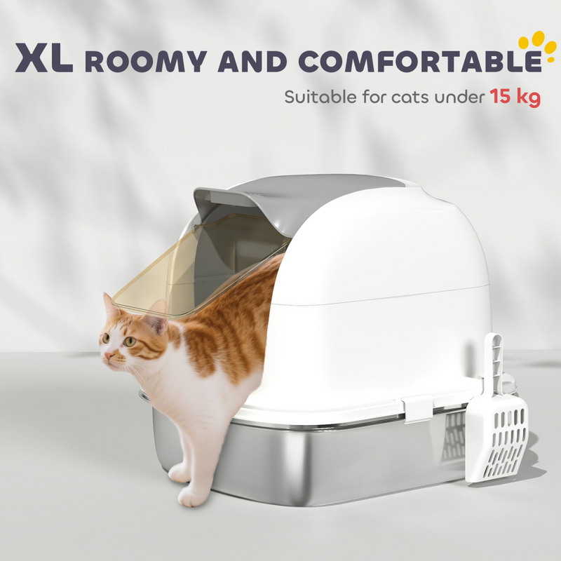 PawHut Stainless Steel Cat Litter Tray with Lid
