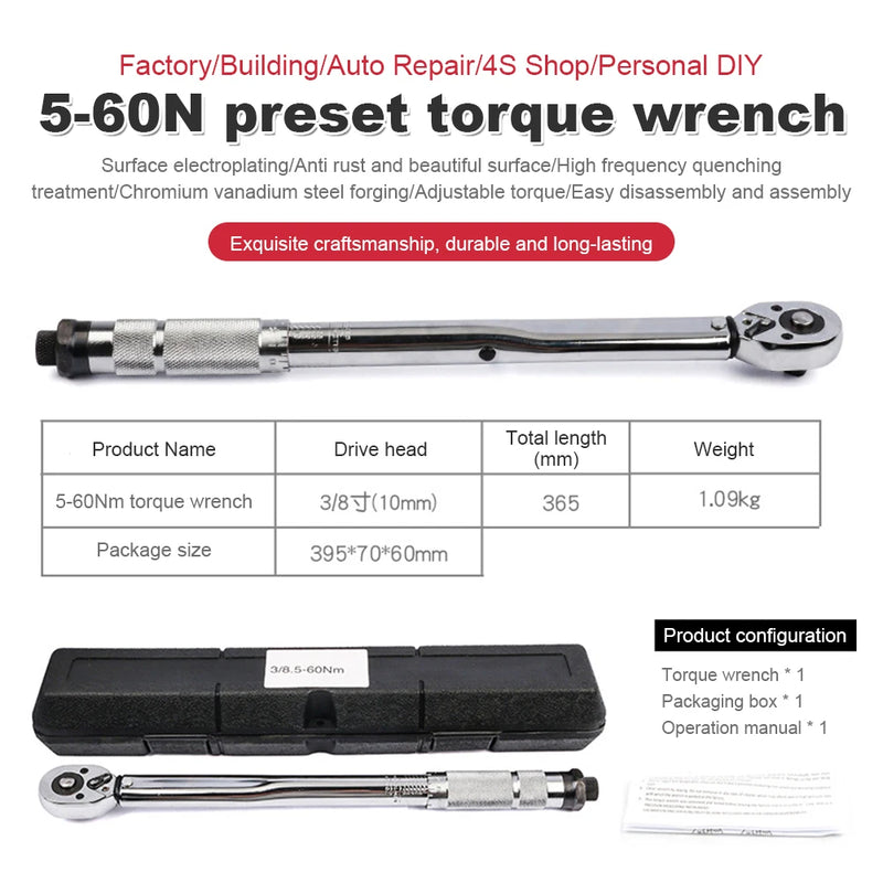 Ratchet Torque Wrench Square Drive 5-150N.m Reversible Ratchet Key 3/8 Inch Adjustable Torque Spanner Precise Preset Hand Tool