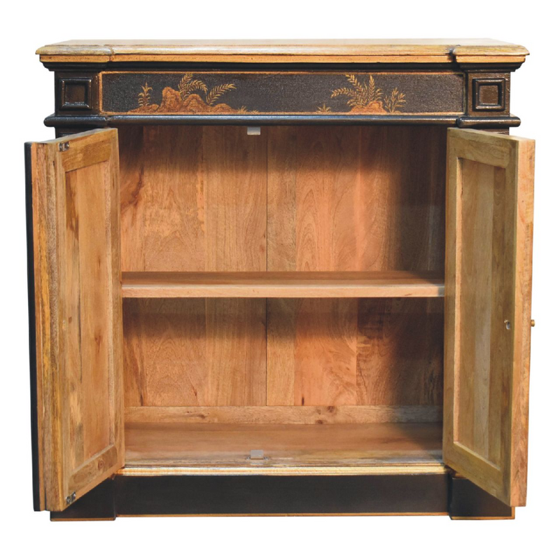 Artisan Furniture Solid Wood Oriental Hand-Painted Wine Cabinet, Black, 2 Doors