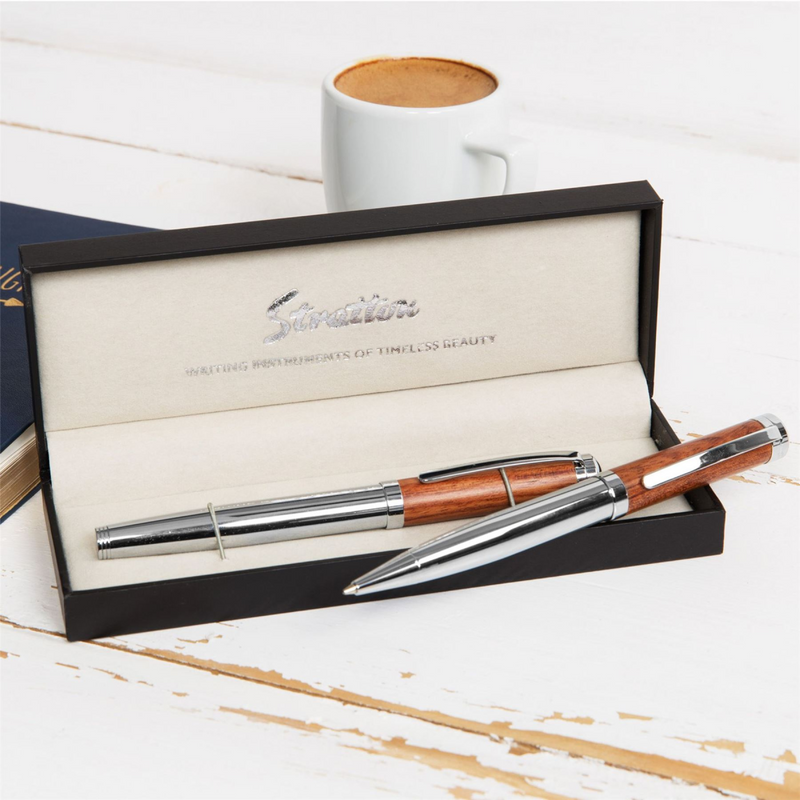 Stratton Rollerball & Ballpoint Pen Set - Wood & Chrome
