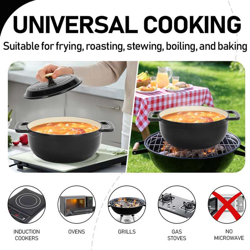 Cast iron 5QT cooking pot - Pure black - includes two silicone gloves - Enamel pot