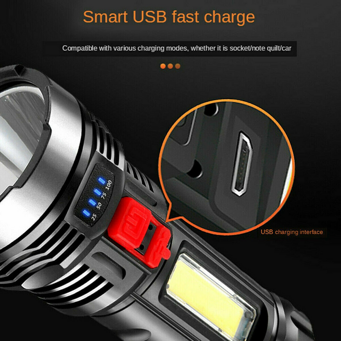 USB Rechargeable LED Flashlight 4-Modes Camping Hiking Torch Work Light