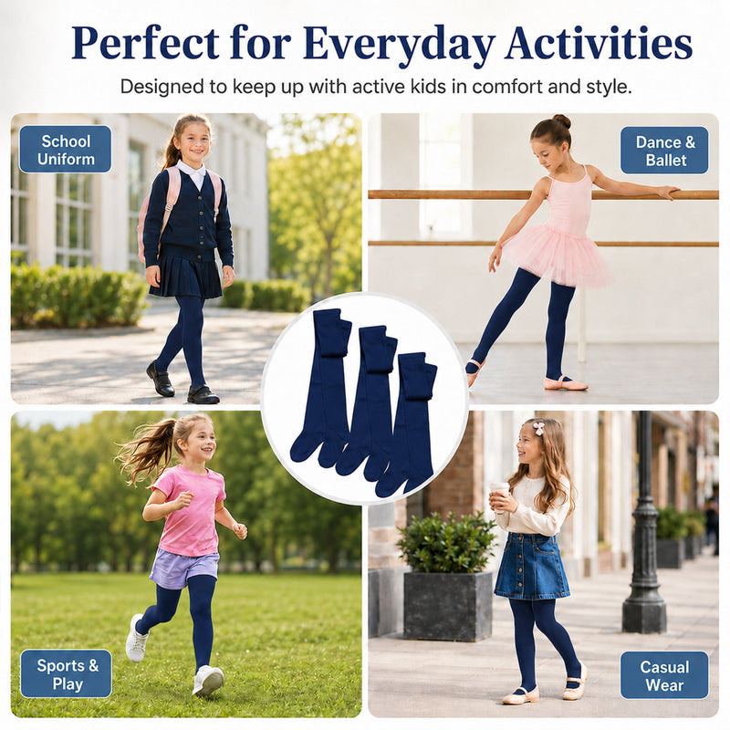3 Pairs Girls Cotton Lycra Back To School Tights Cotton Rich Long Socks Stylish Comfortable Durable For Uniforms Everyday Wear Ages 3-12 Years by Sock Stack