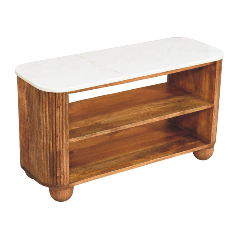 Artisan Furniture Solid Wood Beaumont Marble Shoe Bench, Top Marble, 2 Shelves, Brown & White