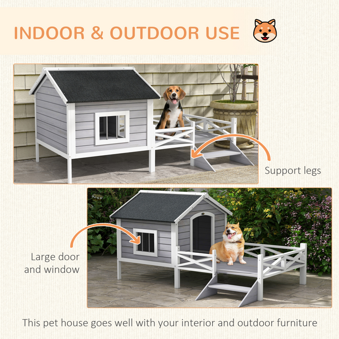 PawHut Wooden Dog House w/ Porch, Water-resistant Roof, for S M Dogs, Grey