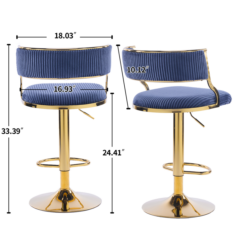 2pcs Blue Corduroy Swivel Bar Stools with Gold Plated Trumpet Base and Height Adjustable Gas Lift