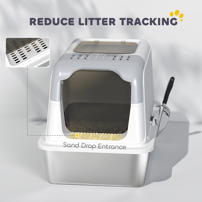 PawHut Stainless Steel Litter Box, Enclosed Metal Litter Tray with Scoop