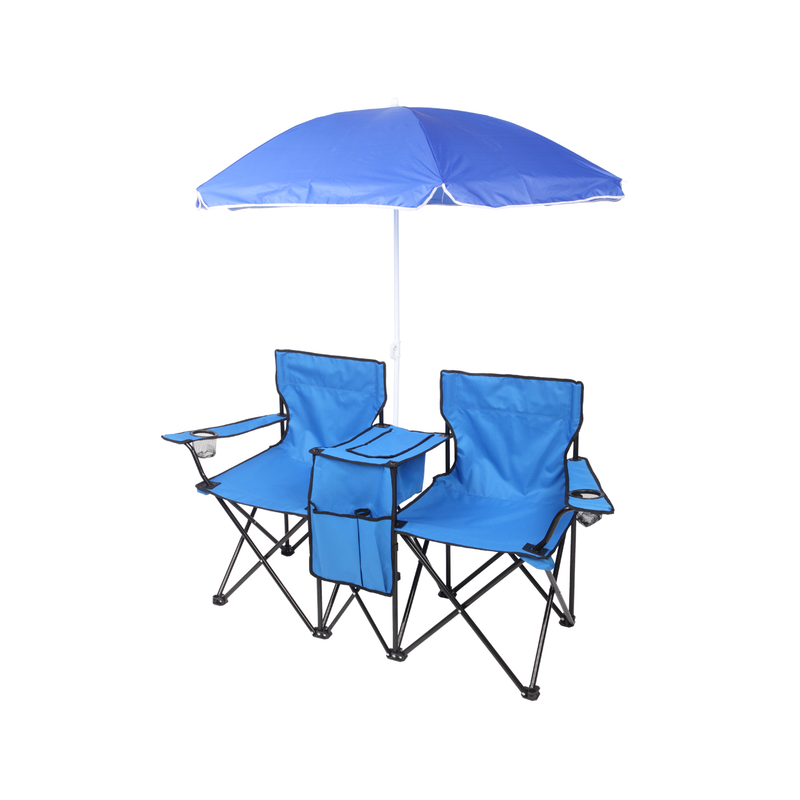 Portable Outdoor 2-Seat Folding Chair with Removable Sun Umbrella Blue