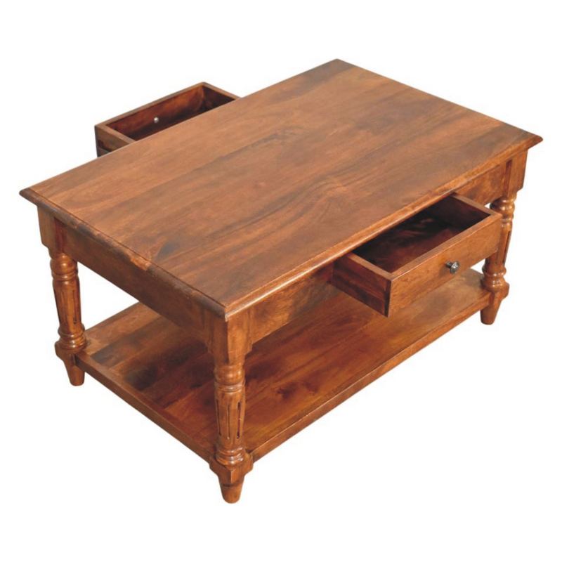 Artisan Furniture Solid Wood Turned Legs Chestnut Coffee Table, 2 Drawers and 1 Shelf, Dark Brown