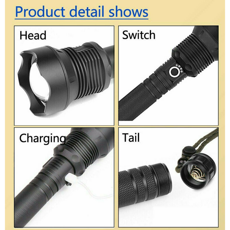 USB Recharge LED Flashlight 3 Lighting Modes Outdoor Camping Hiking Flashlight Work Light