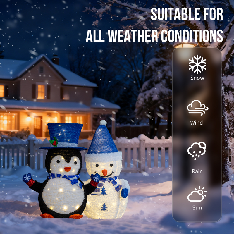 Set of 2 Lighted Plush Penguin and Snowman Christmas Decorations, Pre-lit Pull Up Holiday Decor with 100 Warm White LED Lights for Xmas Outdoor Indoor Decor Lighted Holiday Displays