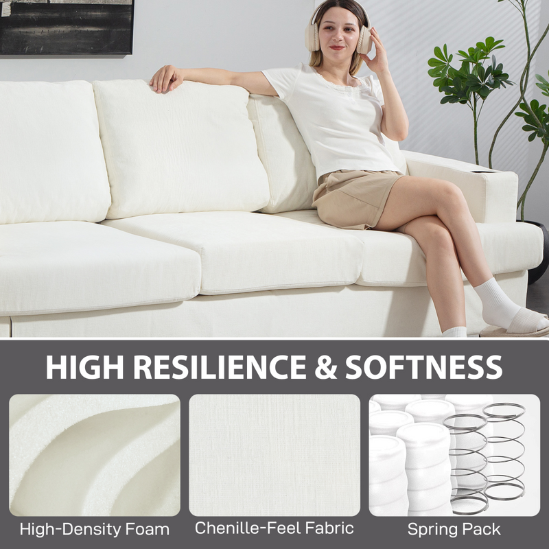 HOMCOM 3 Seater Sofa, Fabric Sofa with USB Ports and Cup Holders, Cream