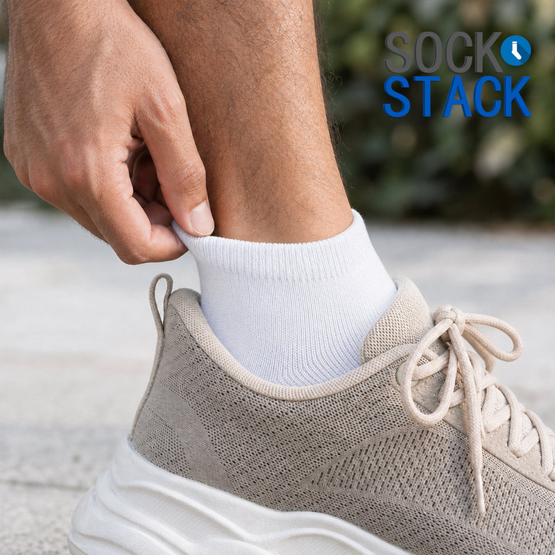 12 Pairs Mens Breathable Sport Trainer Socks with Arch Brace Support and Anti-Crimping Design for Running Gym Workouts Durable Cotton Blend White and Black Sizes UK 6-11 by Sock Stack
