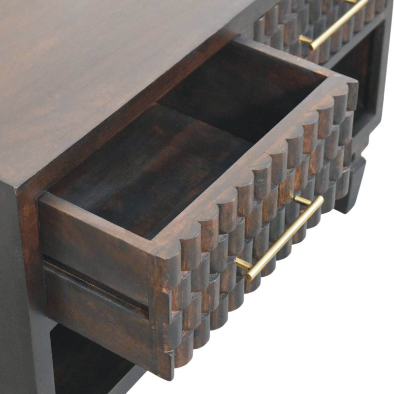 Artisan Furniture Solid Wood Cadiz Carved Shoe Storage Bench, 2 Drawers & 1 Shelf, Dark Brown