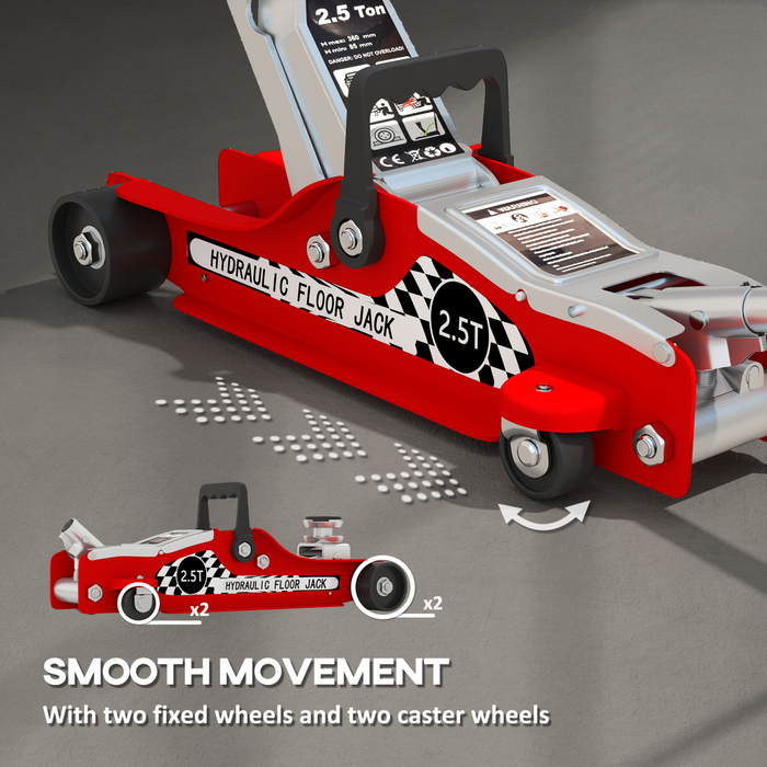 HOMCOM Hydraulic Low Profile Floor Jack, 2.5 T 80-360 mm Steel Car Jack, Red