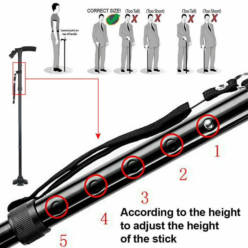 5-Levels Adjustable Height Walking Stick Portable Foldable Cane Travel Camping Hiking Walking Cane w/LED Light