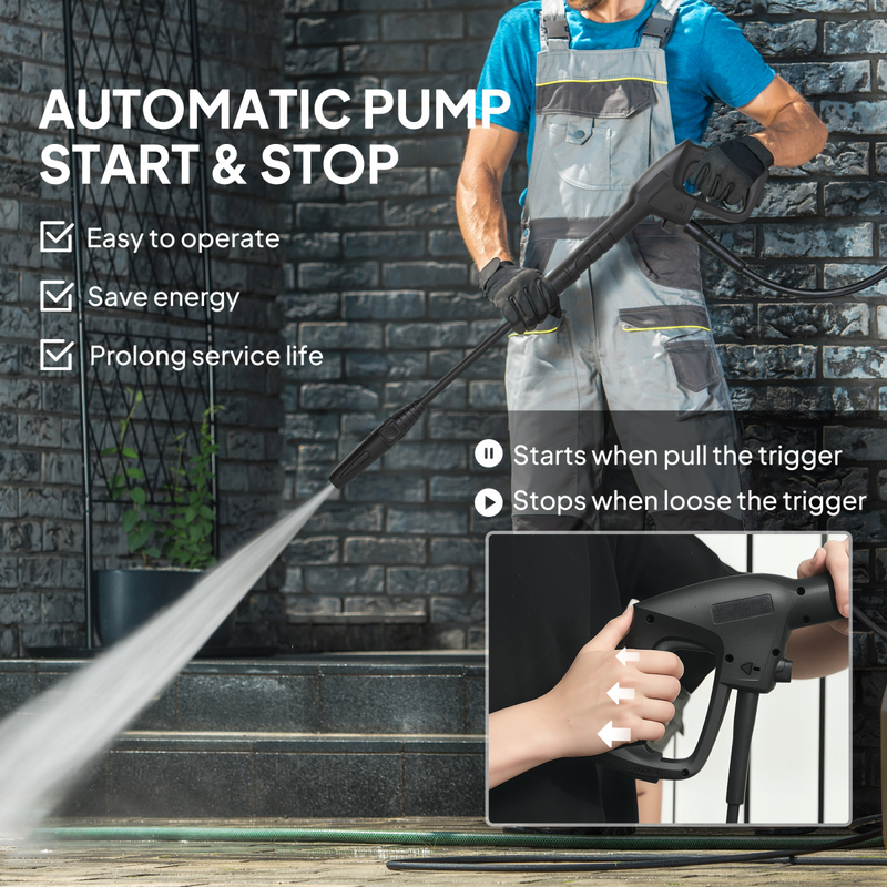 Outsunny 1600W Power Washer 130 Bar Pressure Washer 6M Hose, Nozzle, Green