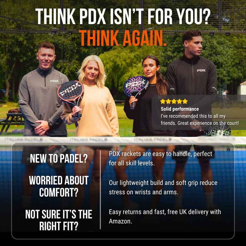 PDX Aurora Beginner Padel Racket | Complimentary Racket Carrier Bag | 30% Carbon 70% Fibreglass | 355g Round | Control