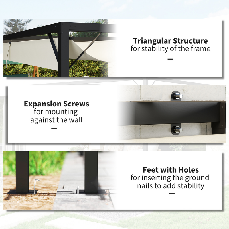 Outsunny 3 x 3(m) Outdoor Pergola Retractable Canopy Wall Mounted, Cream