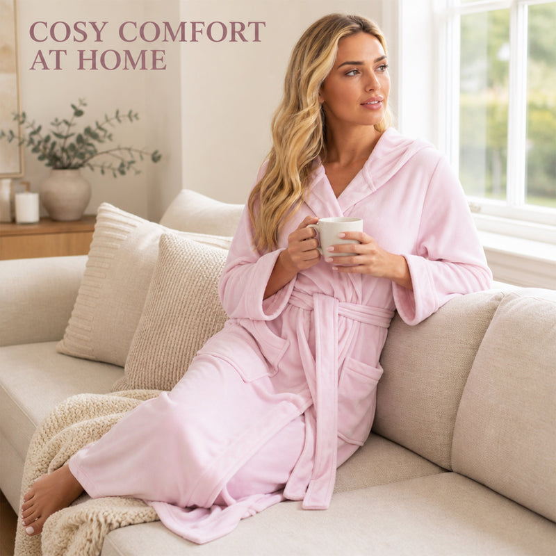 Elegant Women's Hooded Velour Robe Ultra-Soft Luxurious Bathrobe Perfect for Lounging Spa and Gym in Pink and Grey Adjustable Fit Multiple Sizes by Daisy Dreamer