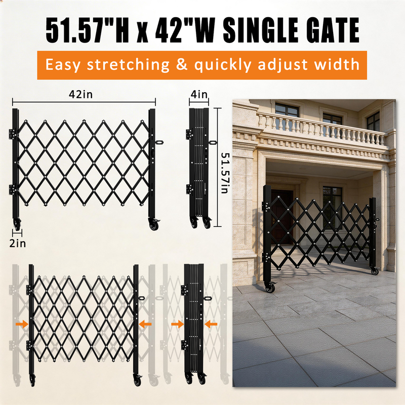 Foldable Security Gate, Expandable Safety Barrier with 360° Swivel Casters Lockable Design, Portable Mobile Rolling Barricade for Garage, Warehouse, Driveway and Pool Areas (51.57" H x 42" W)
