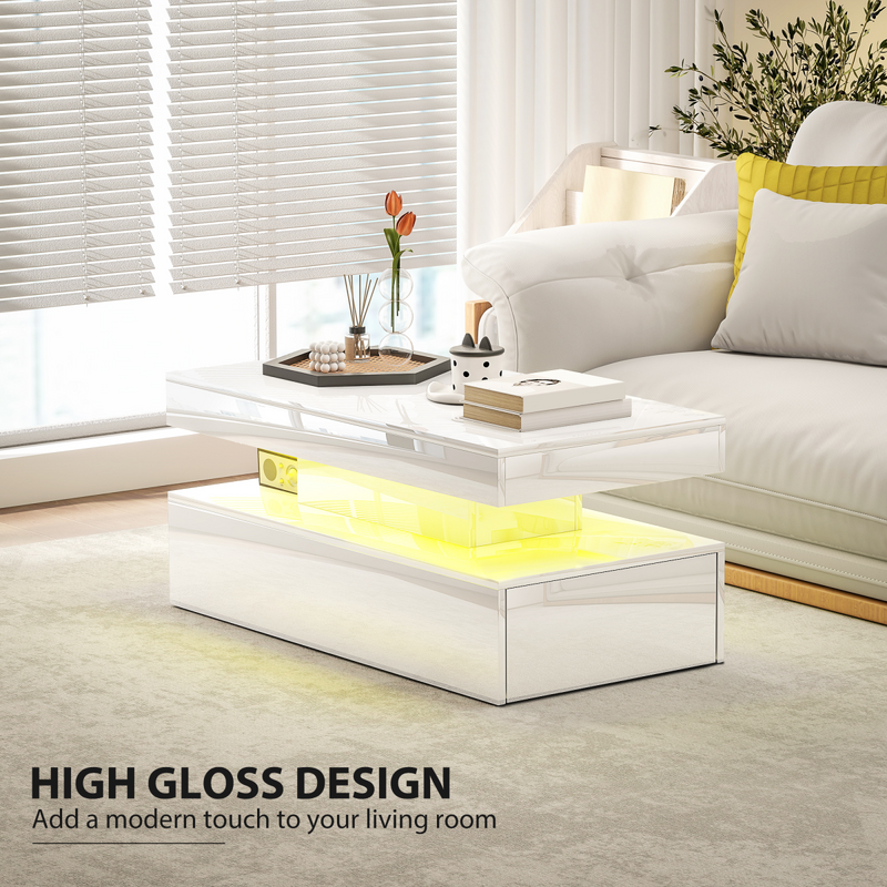 HOMCOM LED Coffee Table with Storage, High Gloss Living Room Table, White