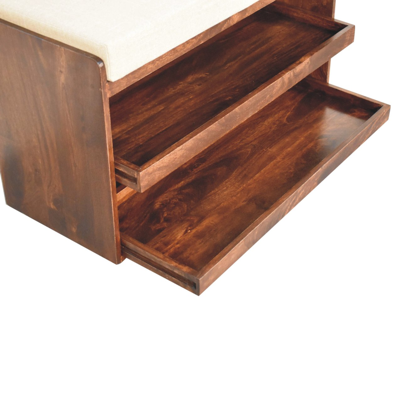 Artisan Furniture Solid Wood California Walnut & Mud Linen Pull out Shoe Bench, Upholstered, 2 Shelves, Brown