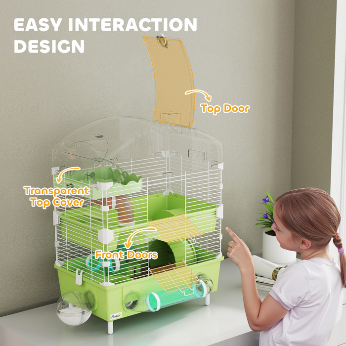 PawHut 3-Tier Hamster Cage, Hamster Habitat with Accessories, Green