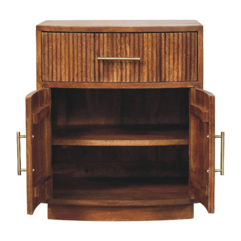 Artisan Furniture Solid Wood Solid Wood Curved Ribbed Bedside, 1 Drawer And 2 Shelfs, Brown