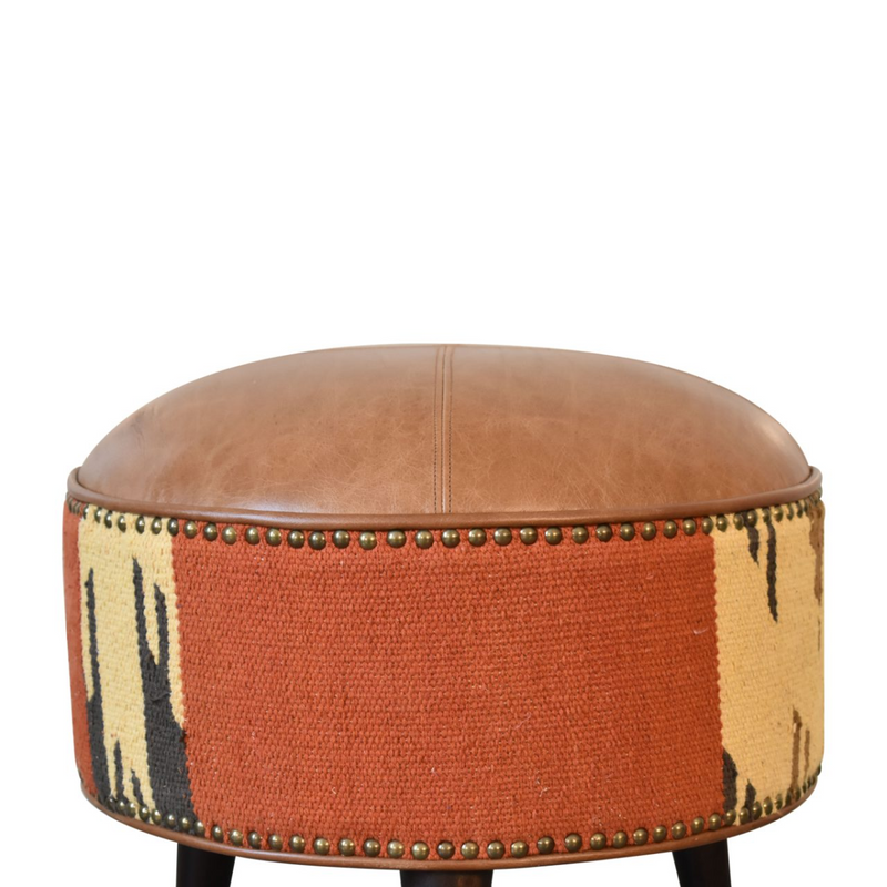 Artisan Furniture Solid Wood Durrie & Leather Mixed Footstool