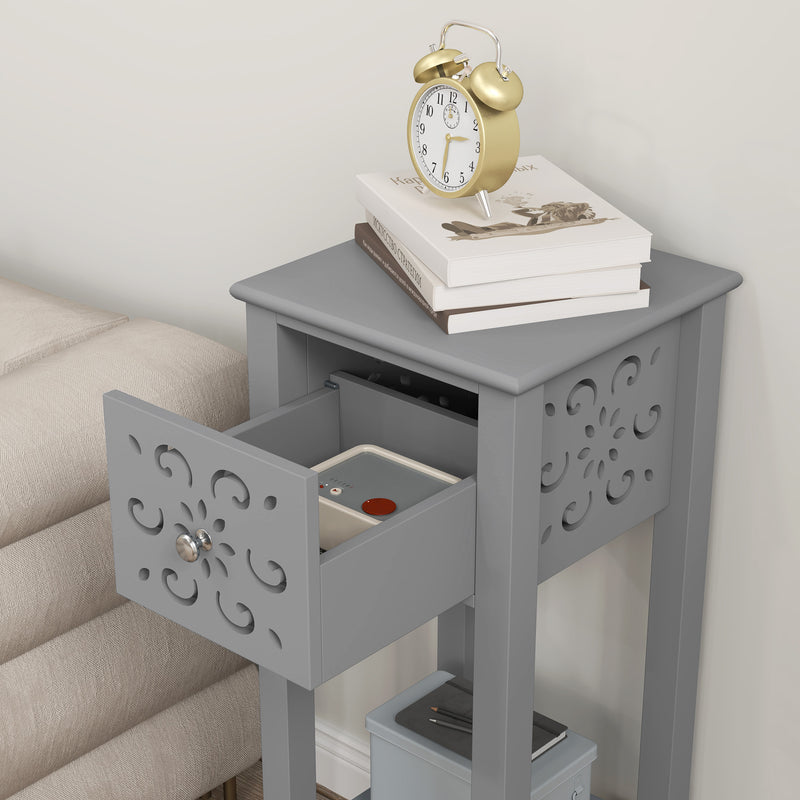 HOMCOM Bedside Table Set, End Table Set with Drawer and Storage Shelf, Grey