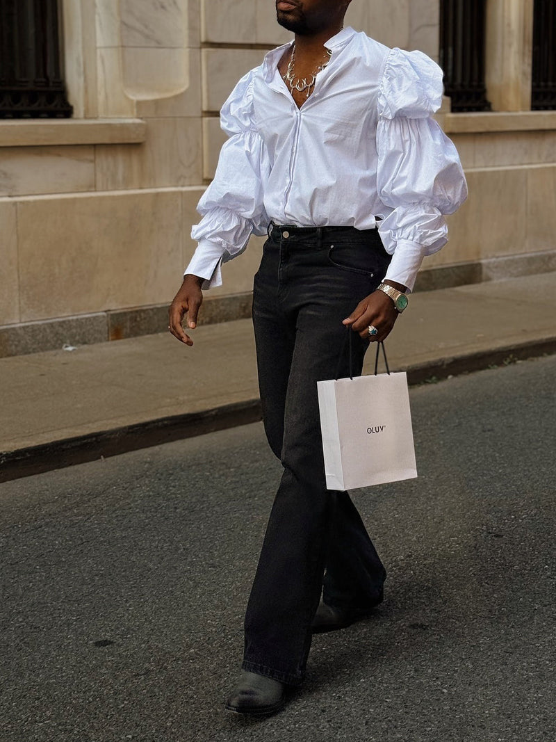 White Retro Puff-Sleeve Oversized Shirt
