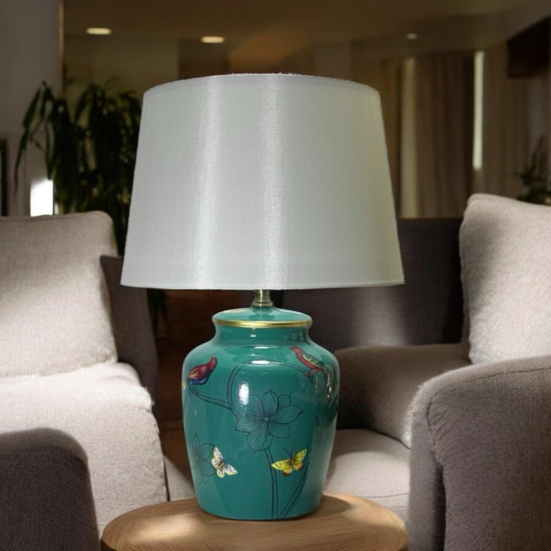 AcaciaHome Modern 39cm Large Floral Ceramic Table Lamp with White Drum Shade, Bedside Table Lamp, Floral Pattern Ceramic Base, Corded Indoor Light for Bedroom, Living Room, Study & Dining Room