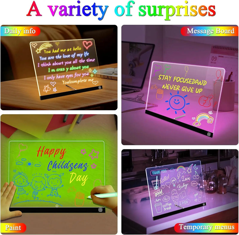 7 Colour LED Note Board Night Light & 7 Pens - Kids Drawing & Message Board