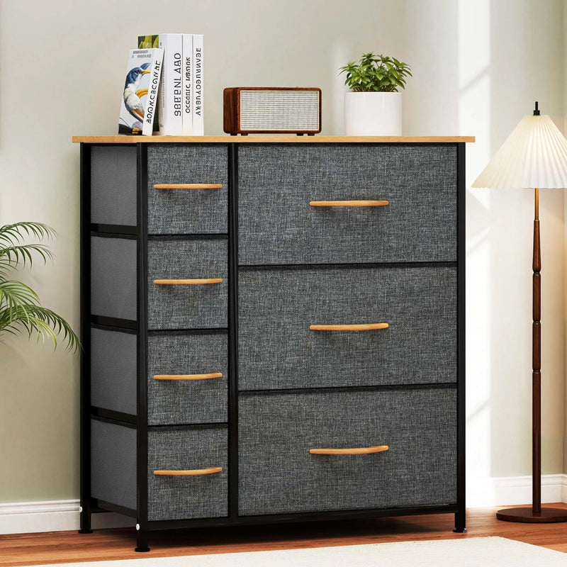 7 Drawer Fabric Dresser Storage Home Organiser Steel Frame Wood Chest Bedroom