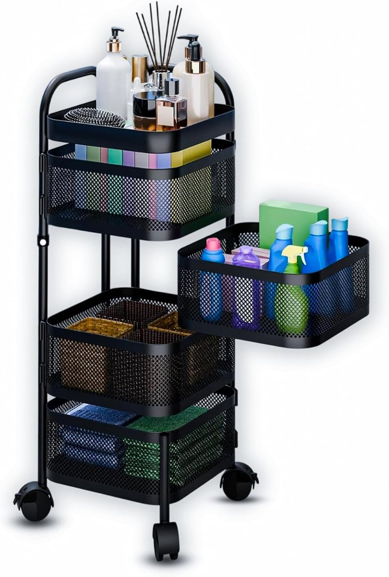 4 Tier Square Movable And Detachable Metal Rolling Trolley Cart Basket Shelf With Wheels – Kitchen Ideal Storage Rack For Vegetable, Fruit, Pantry, Bathroom – Black (4 - Tier)