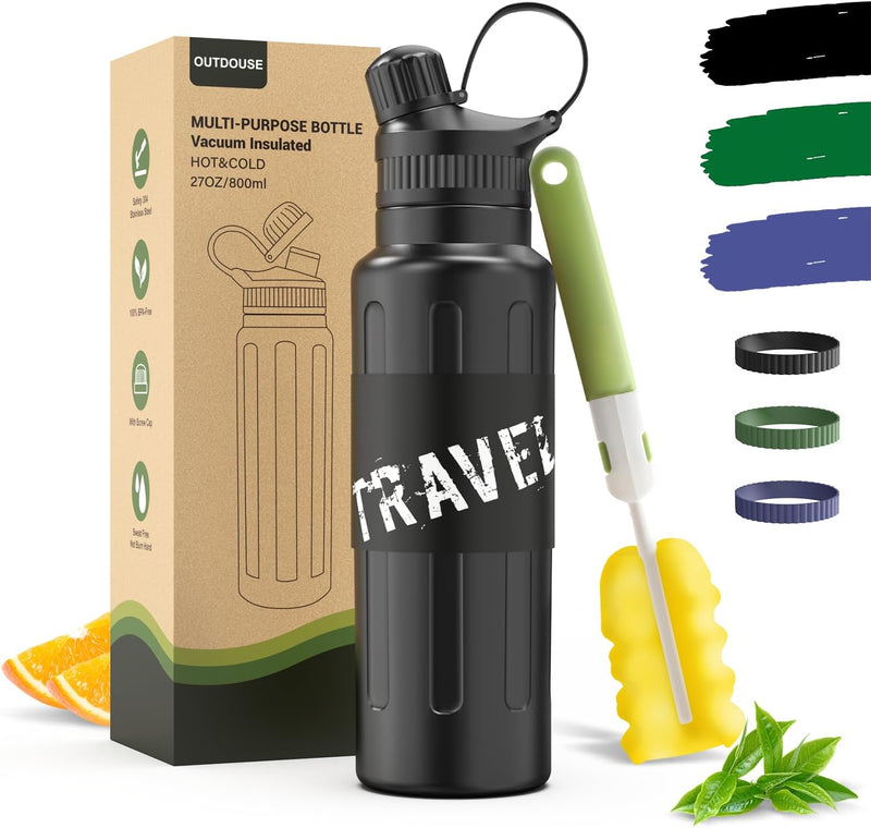 Insulated Stainless Steel Water Bottle 800ml - Leak Proof Water Bottle for On the Go with Straw, 2 Silicone Bands - BPA Free - Insulated Flask for Adults, Fitness, Sports