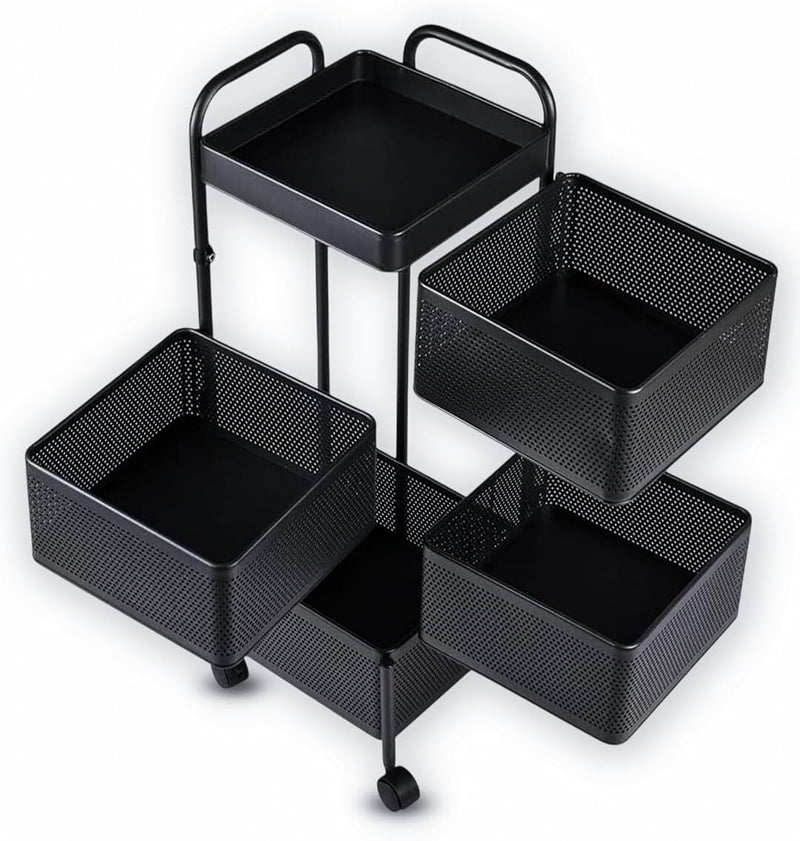 4 Tier Square Movable And Detachable Metal Rolling Trolley Cart Basket Shelf With Wheels – Kitchen Ideal Storage Rack For Vegetable, Fruit, Pantry, Bathroom – Black (4 - Tier)