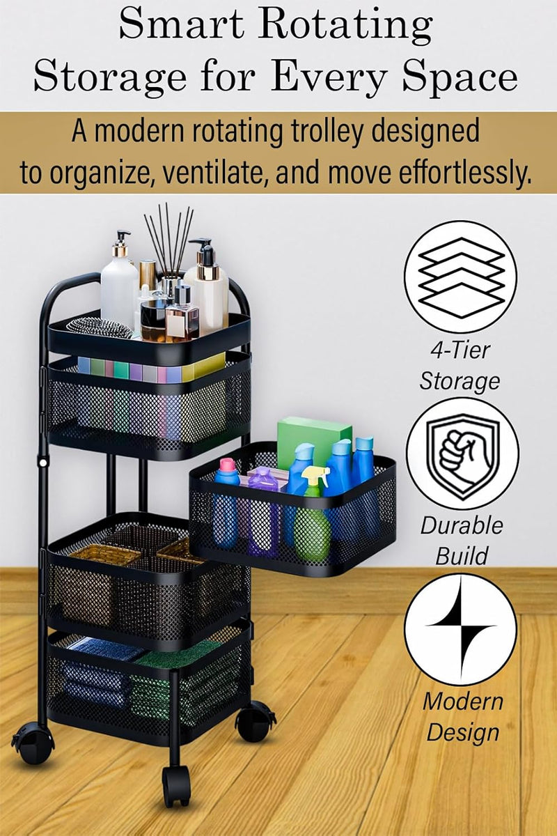 4 Tier Square Movable And Detachable Metal Rolling Trolley Cart Basket Shelf With Wheels – Kitchen Ideal Storage Rack For Vegetable, Fruit, Pantry, Bathroom – Black (4 - Tier)