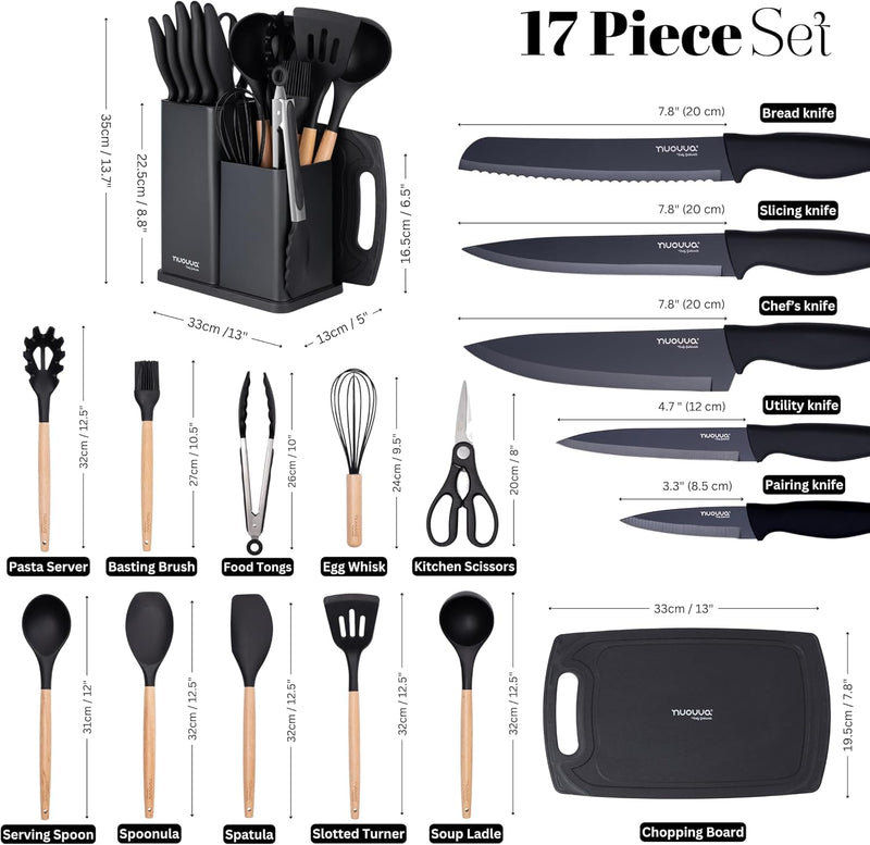 Cooking Utensils Set with Chopping Board – Knife Set with Block – Heat Resistant Silicone Utensils with Wooden Handle, Spoons, Ladles & Spatula – Kitchen Tools & Accessories – 17pcs, Grey – by Nuovva