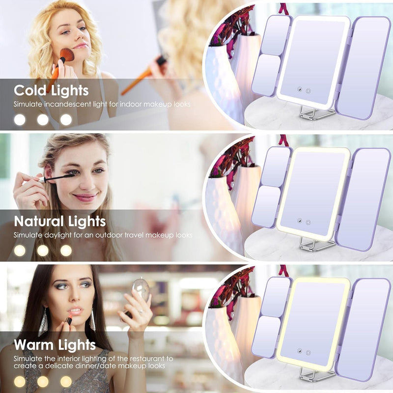 SEJOY Tri-Fold LED Makeup Mirror – 1X/3X/7X Magnification, 3 Light Colours, Rechargeable (Purple)