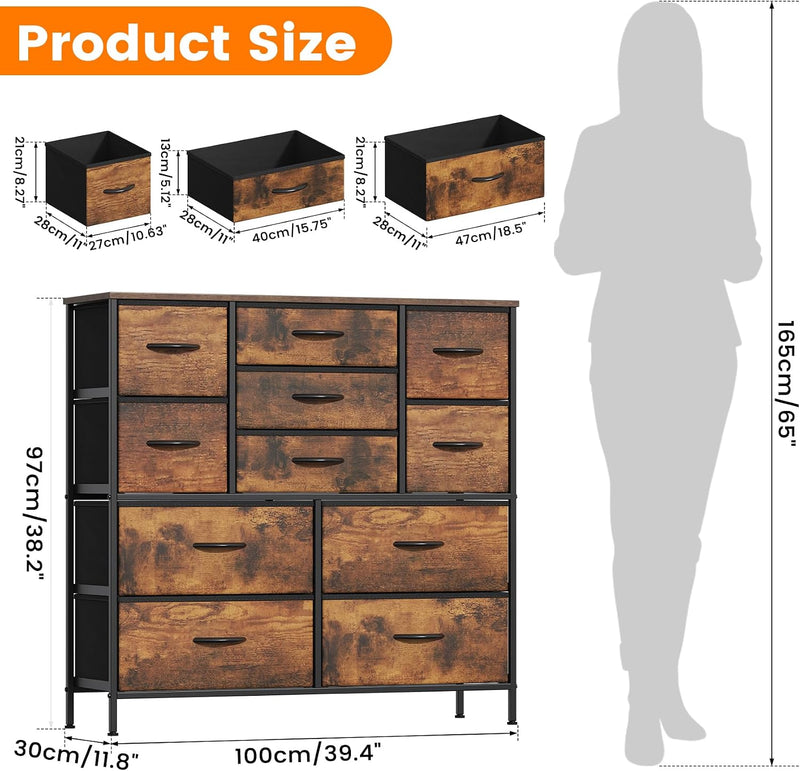 Chest of Drawers 11 Drawer Large Dresser Metal Frame MDF Top Bedroom Storage