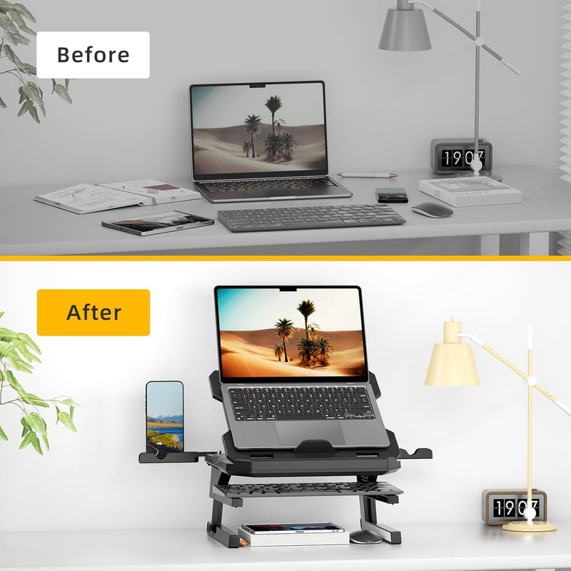 Adjustable Laptop Stand with Phone Holder — Rotating Base, 3-Height Riser, Fits 10–17"