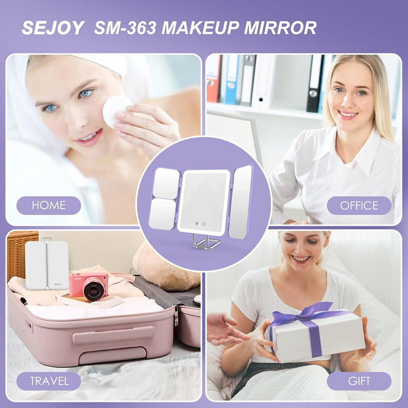 SEJOY Tri-Fold LED Makeup Mirror – 1X/3X/7X Magnification, 3 Light Colours, Rechargeable (Purple)