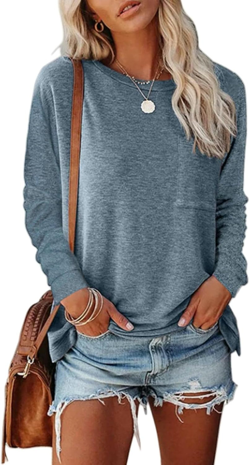 Womens Long Sleeve Shirts Crew Neck Solid Casual Basic Tops Cotton 65%